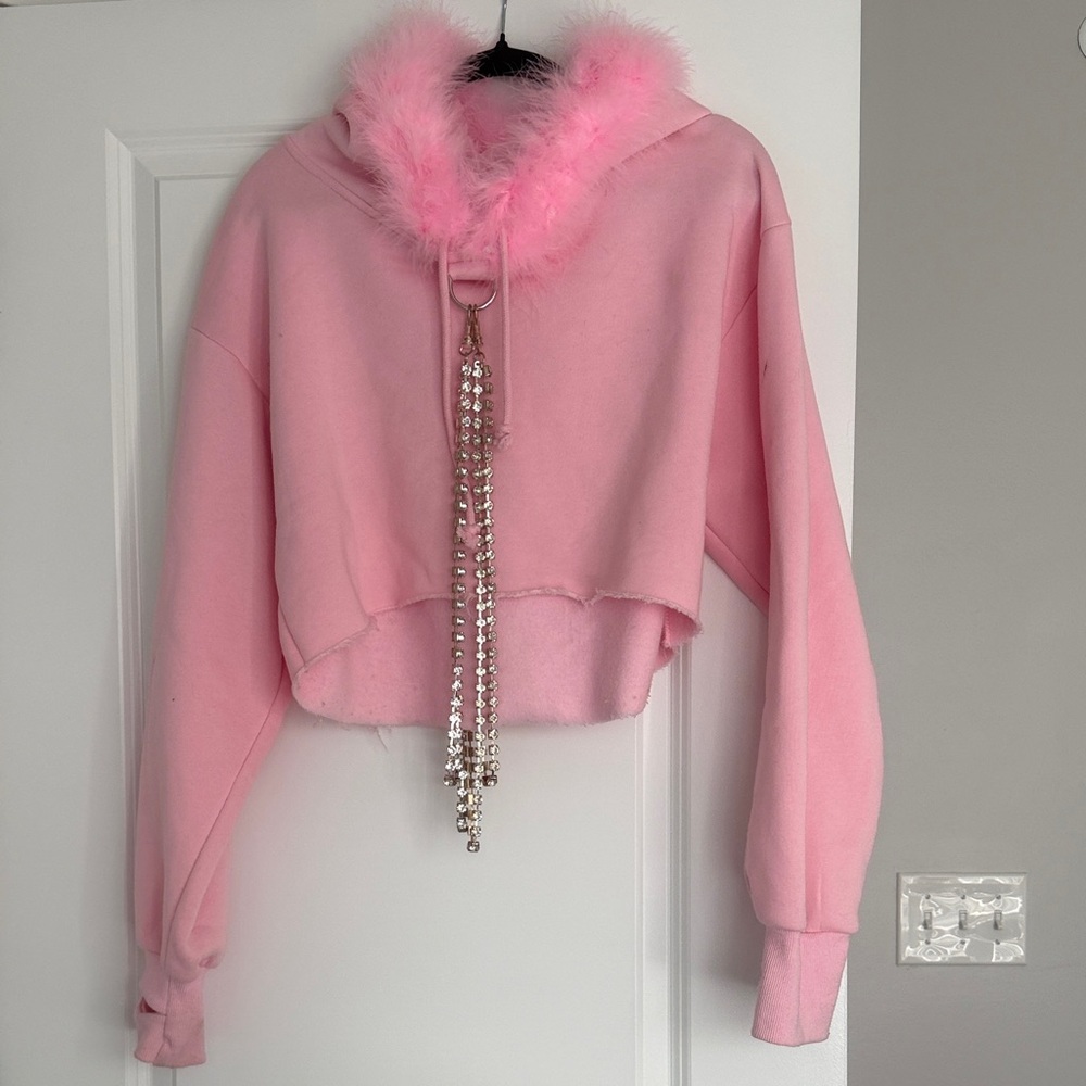 Sugar Thrillz Pink Feather Trim Cropped Hoodie